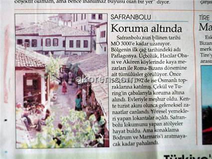 Safranbolu ve Akoren Hakkında Gazete K&#252;p&#252;r&#252;